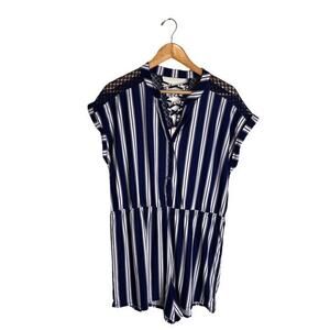 Juniors No Boundaries Romper Navy Blue Striped Size XXL 19 White Lace Back EUC